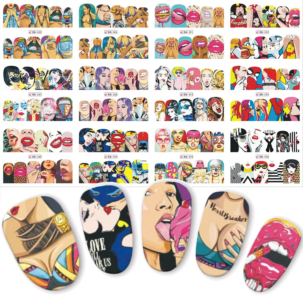 12pcs-Pop-Art-Nail-Sticker-Water-Transfer-Nails-Art-Decals-Beauty-Decor-Slider-Cool-Girl-Lips