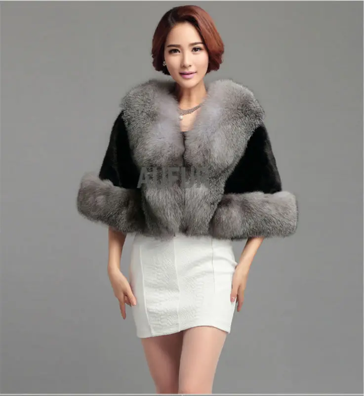 Real Mink Fur Shawl with Fox Fur Collar Black Fur Wedding Shawl Bridal ...