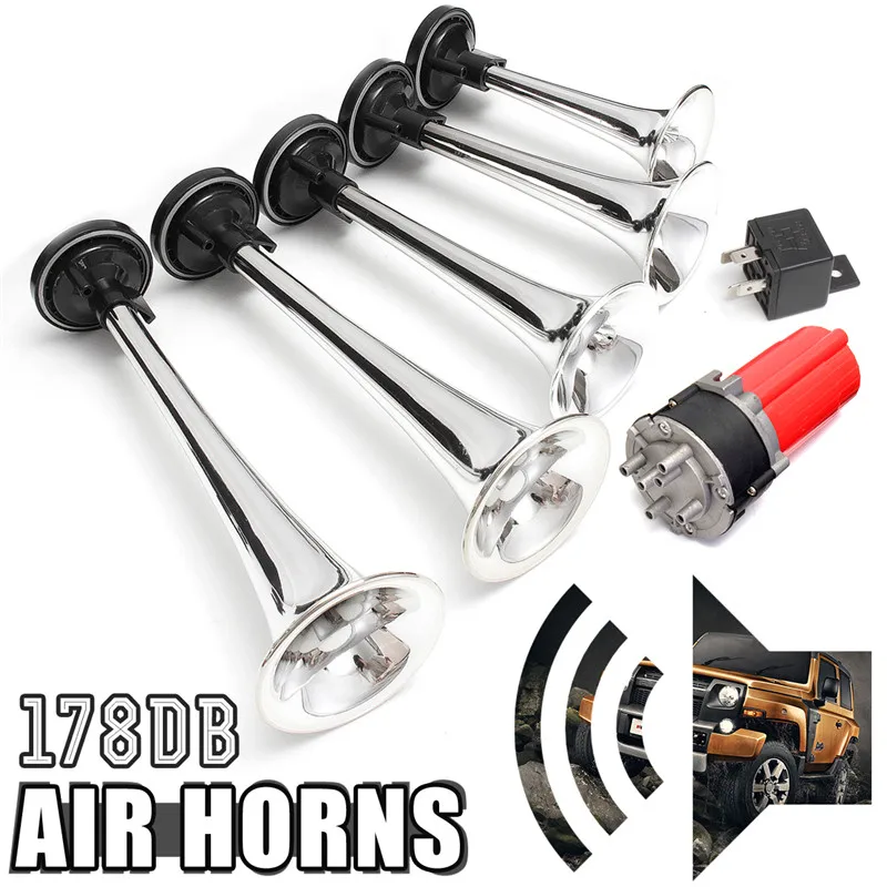 

1Set/5Pcs 178DB Loud Trumpet Air Horn Kit with 12V Air Compressor Horn Set for Boat Truck Train Car Vehicle Motorcycle