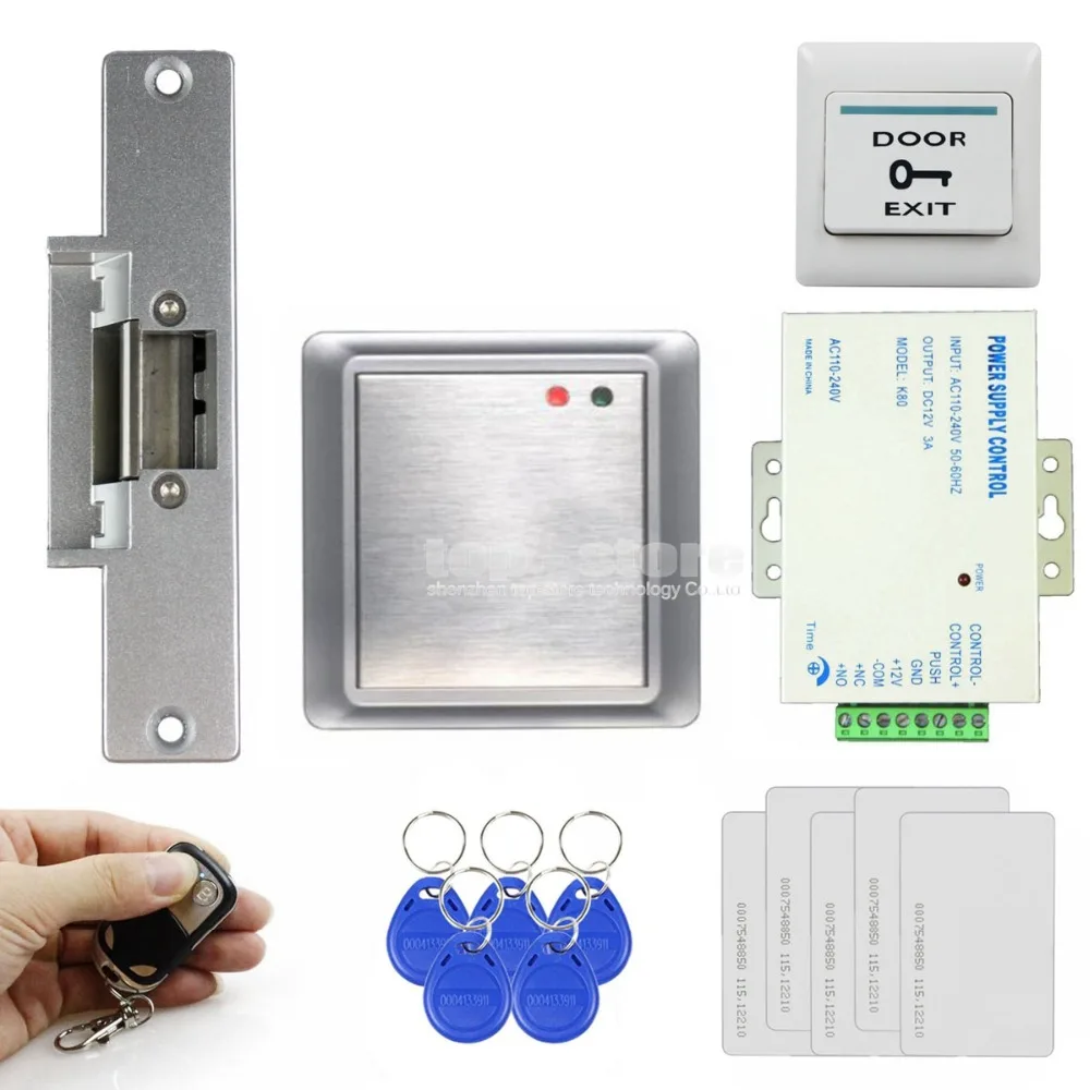 

DIYKIT Strike Lock Waterproof Remote Control 125KHz Rfid ID Card Reader Without Keypad Access Control System Kit 81678A