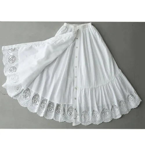 white Япония Мори девушка высокая талия хлопок вышивка Фея белая юбка Faldas Mujer Moda Женская длинная Макси юбка для женщин корейские юбки - Цвет: white