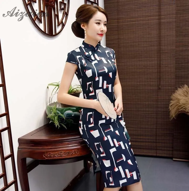 Impresión Cheongsam с длинными рукавами moderna madre Qipao vestidos Восточный trajes de las mujeres vestido Чино tradicional vestido negro