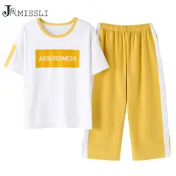 JRMISSLI плюс размер Письмо печати Топ и штаны, пижамные комплекты для женщин 2019 повседневные летние хлопковые пижамы до середины икры брюки