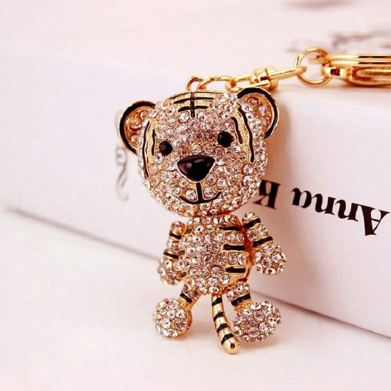 Cute little tiger Crystal Rhinestone font b keychain b font keyring car key chain pendant handbag