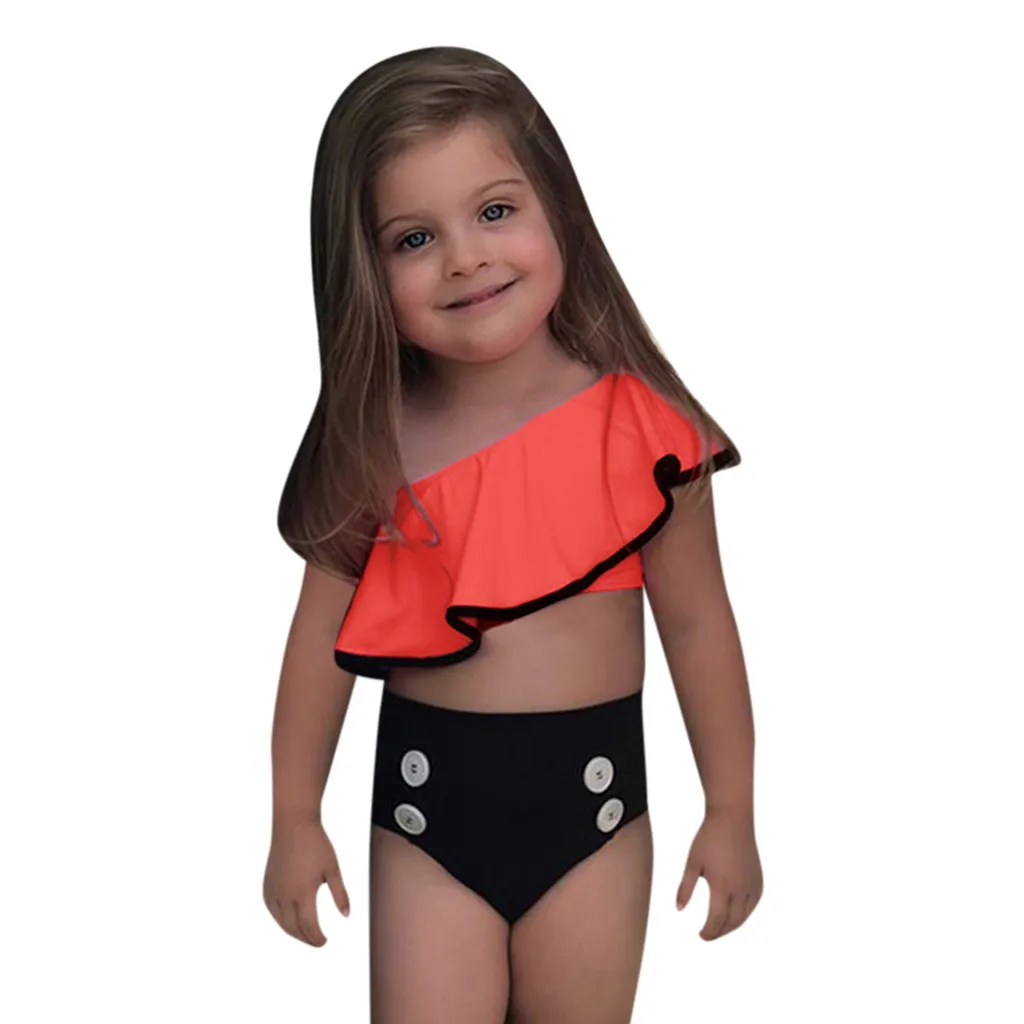 

Children's swimsuit Summer Kids Baby Girls Solid Print Ruffles Swimwear Swimsuit Bikini Outfits bebek mayo roupa infantil #06