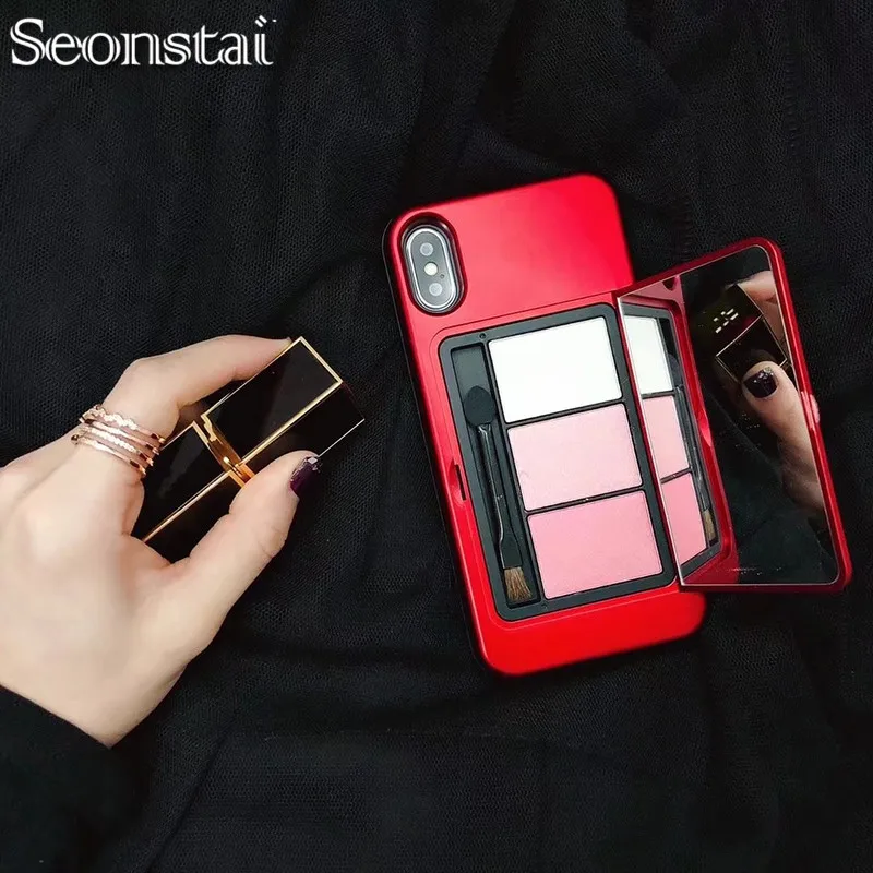 

Fashion Luxury Palette Eye Shadow MakeUp Mirror Phone Case For iphoneX 7 8 Plus 6 6S Plus Back Cover with Eyebrow Pencil Powder