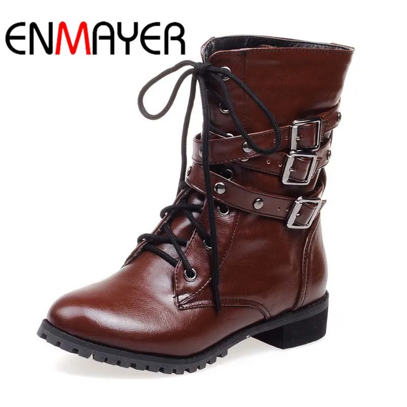 

ENMAYER New Mid Calf High Boots PU Square Heels Women Fashion Boots Elastice Band Boots Big Size 34-43 High Quality Boots