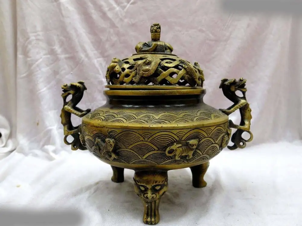

9" China brass copper Foo Dog lion and fish fine Dragon elephant Incense burner