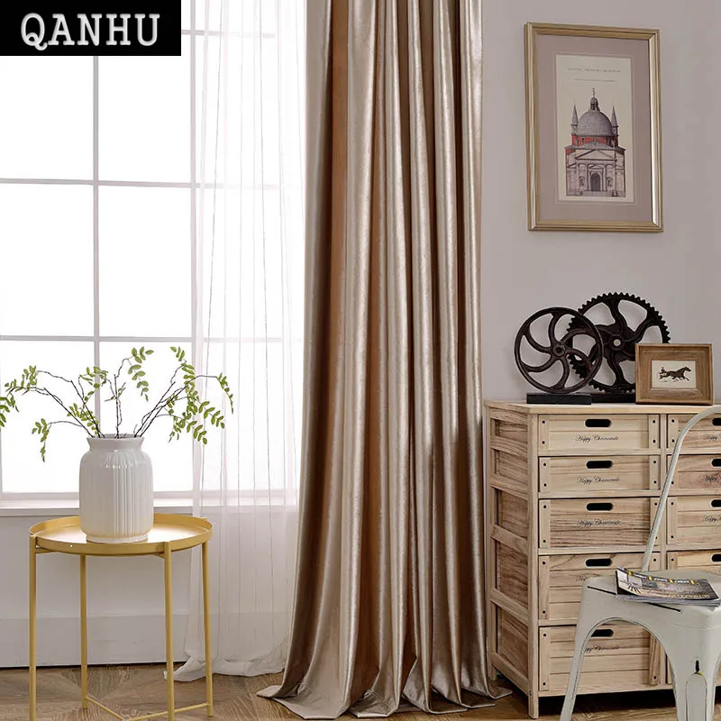 

QANHU 8 Solid Color High Quality Customize Blackout Curtain Romantic Style 100% Polyester Curtains for Living Room Window Tulle