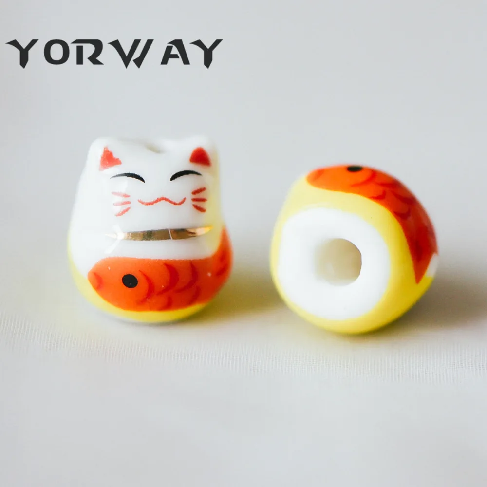 10 шт./лот фарфор Lucky бусины кошка 15 мм ручной работы керамика Maneki Neko просверленные