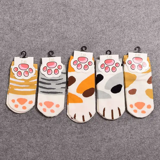 5 pairs/Pack Girls Cute Cartoon Ankle Socks Lovely Cat Paw Print Striped Short Socks