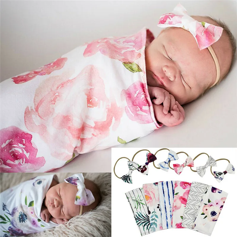 2pcs Newborn Baby Cute Swaddle Blanket Sleeping Swaddle Muslin Wrap+Headband New