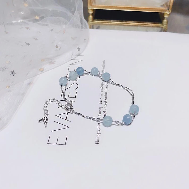 Baratos Ruifan cielo azul gema aguamarina Natural cuentas pulseras de encanto señoras 925 Plata de Ley mujeres pulsera joyería YBR033