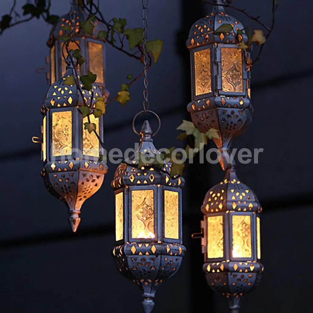  2PCs Moroccan Style Metal & Glass Teal Light Candle Holder Hanging Candleholder for Wedding Home Coffee Shop Decor (White)
