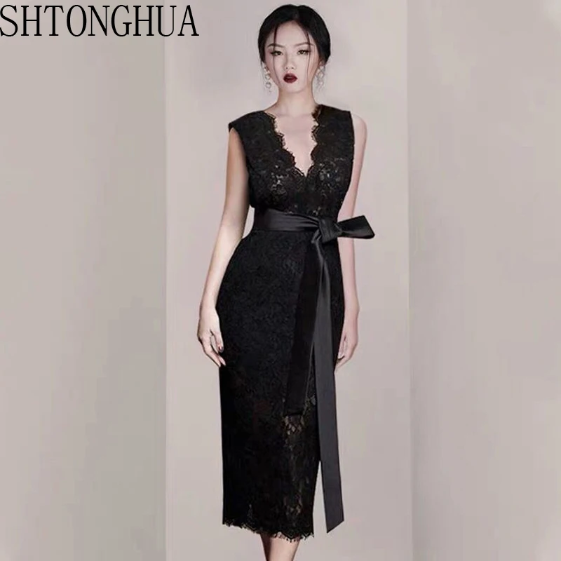 

SHTONGHUA 2019 Summer Bodycon Lace Knee Length Dress Women Elegant Bow Lace Up Dresses Hollow Out Casual sleeveless Dress