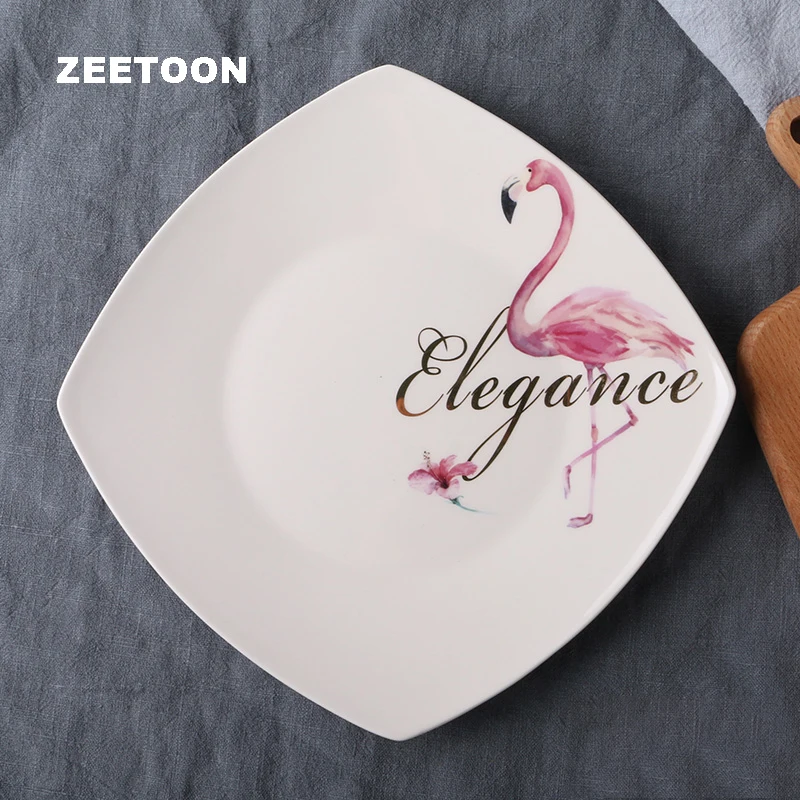 

9.5 Inch Flamingo Pattern Plate Ceramic Porcelain Tableware Dinnerware Steak Spaghetti Vegetables Square Plates Dish Saucer Art