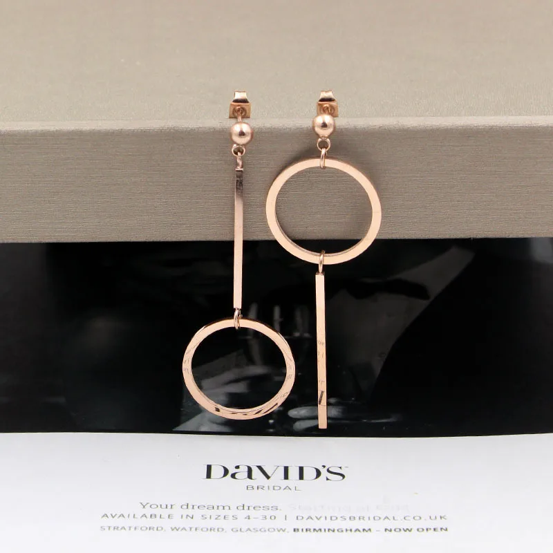 Модные ювелирные изделия, асимметричные стальные круглые серьги из розового золота. Женские серьги из титановой стали из розового золота оптом