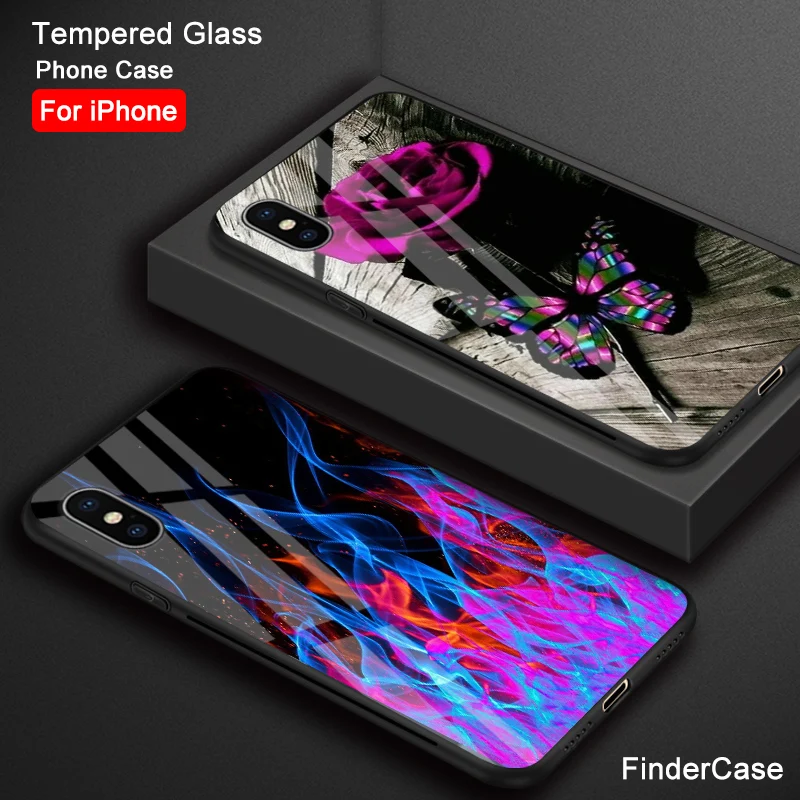 

FinderCase for iPhone XS MAX Case Rose Unicorn Abstract Flames Glass Case for iPhone 6 6S 7 8 Plus X XR XS MAX 11 pro max