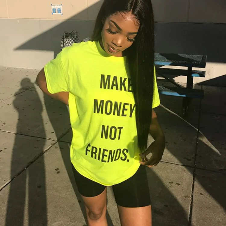 Новые женские футболки с забавными буквами Make Money Not Friends с круглым вырезом короткая футболка с рукавом модная летняя футболка желтый