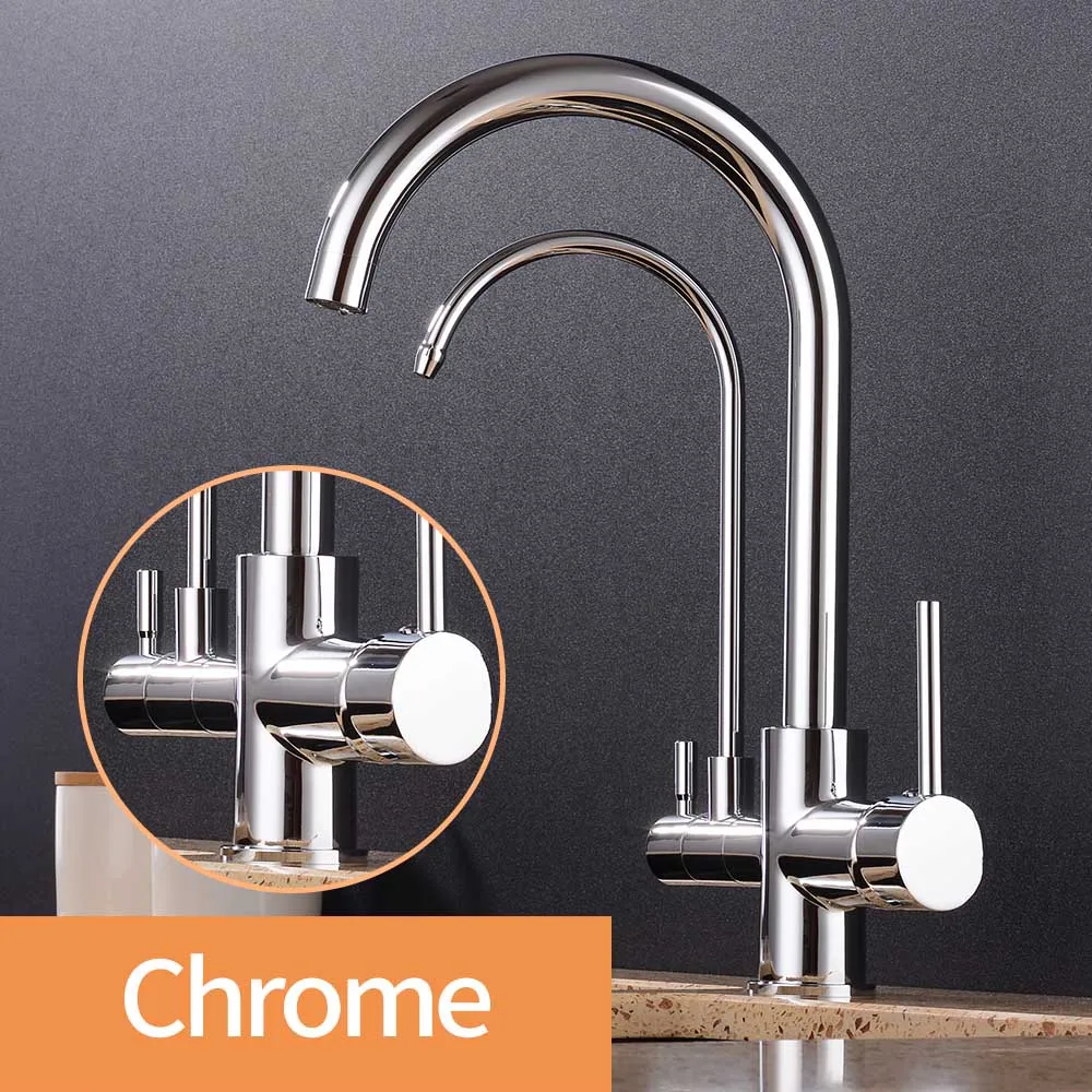 New style Black Kitchen Water Purifica Faucet with Filtered Water Right angle Double Spout Kitchen Tap Bronze Sink Mixer Crane - Цвет: chrome