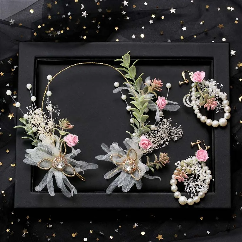 

New Super Fairy Sweet Korean Bride Hairpiece Wedding garland earrings Hairdress Hairband Earring sets