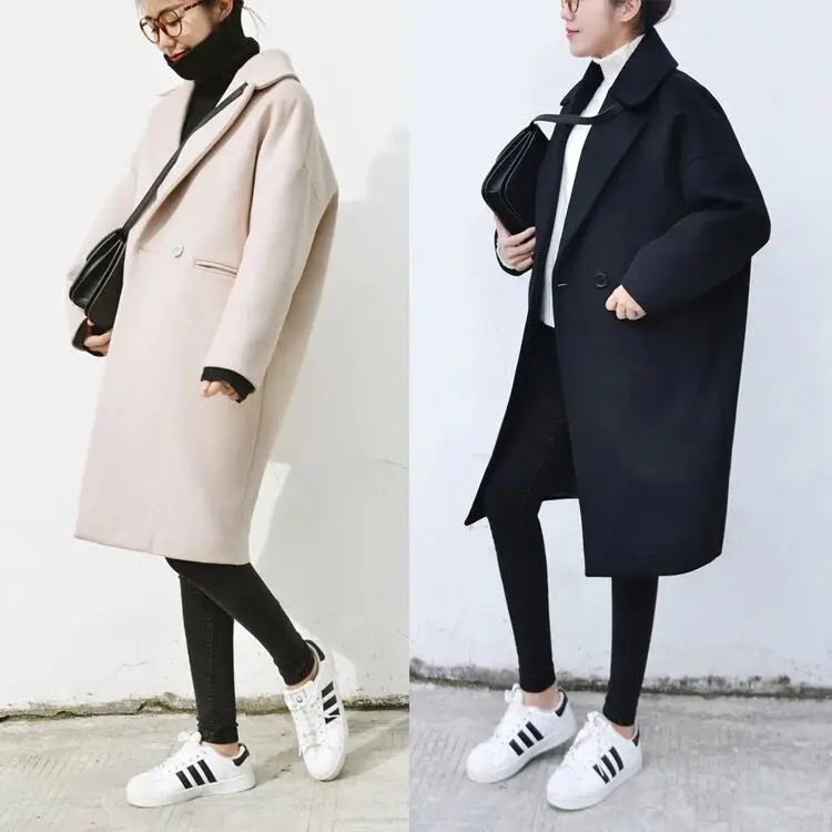 

Autumn and Winter New Women's Korean Slim Was Thin Pure Color Long-sleeved Temperament Medium-Long Section Casual Woolen Coat