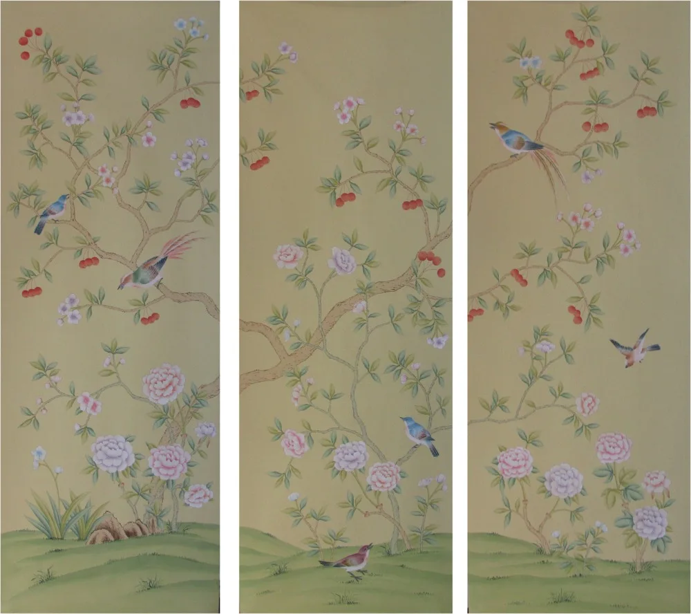 Классический стиль Элегантный Ручная роспись шелковые обои цветы с птицами обои широкий выбор мотивов и фона опционально