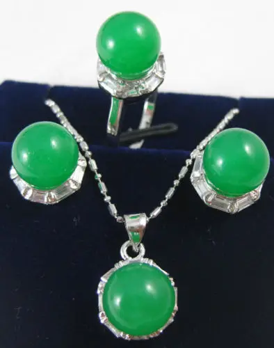 

Fast SHIPPINGJewelry green jade pendant necklace ring earring sets +Fast Chain (A0424)