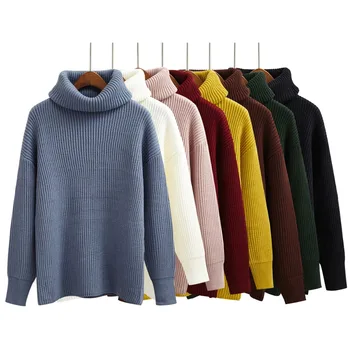 

Harajuku Women Solid Color Turtleneck Loose Brief Thermal Thickening Retro Sweater Female Kawaii Knitted Jumper And Pullover