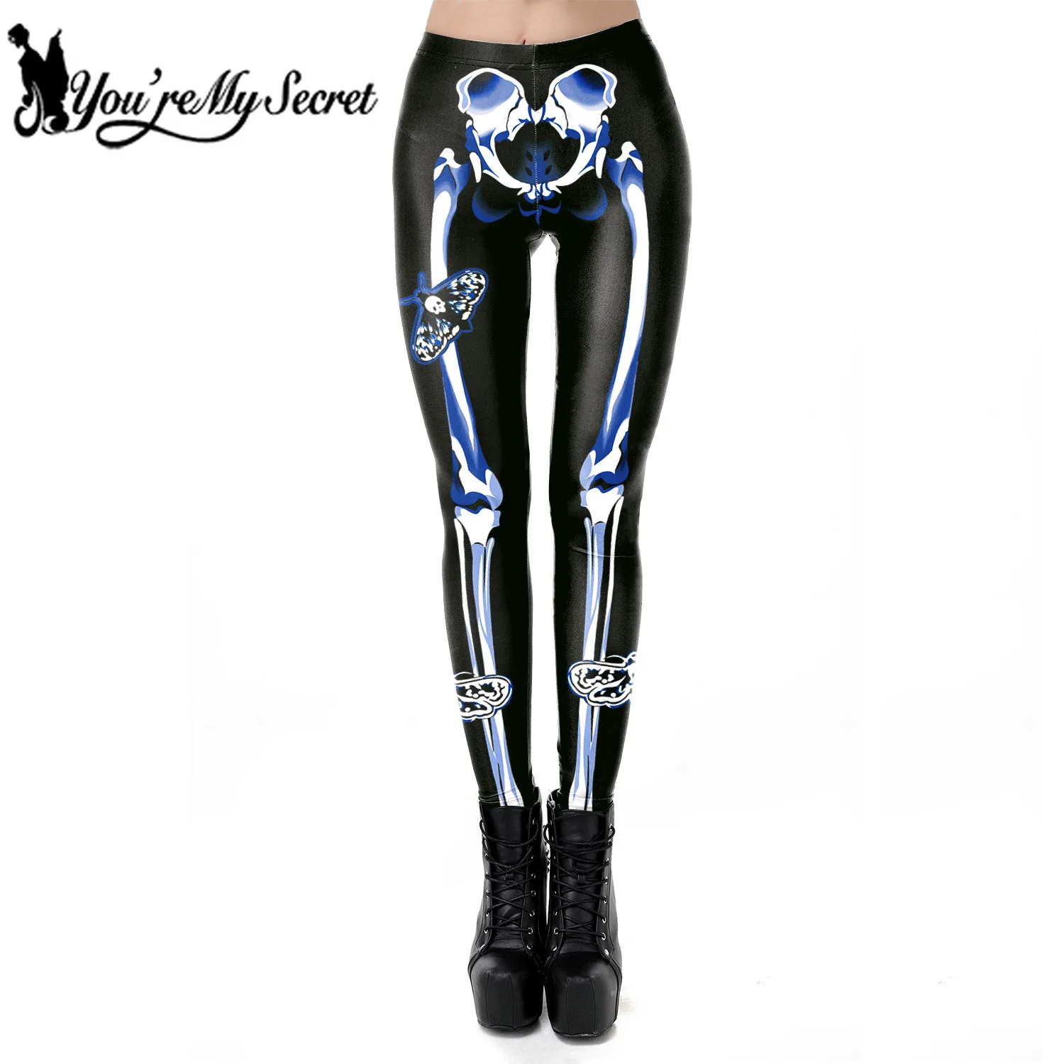

[You're My Secret] 2019 Halloween Party Skeleton Butterfly Rose Black Leggings for Women High Quality Elastic Ankle Pants