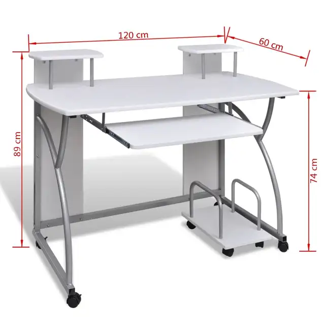 Mobile Computer Desk Pull Out Tray White Finish Furniture Office