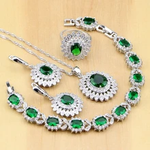 925 стерлингового серебра Свадебные украшения зеленый фианит Белый CZ Женские Ювелирные наборы серьги/кулон/ожерелье/кольца/браслет