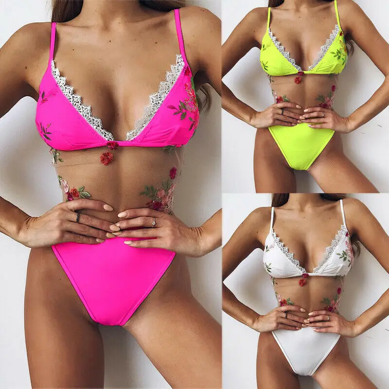 

New Style Women One-Piece Suits Bandage Push-Up Padded Swimwear Swimsuit Bathing Brazilian Print Lace See Through Fashion 2019