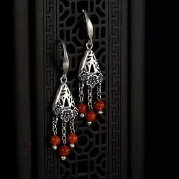 

Silver S925 Pure Silver Antique Old Inlaid Red Agate Plum Blossom Lady High-end Silver Ear Pendant Earrings Wholesale
