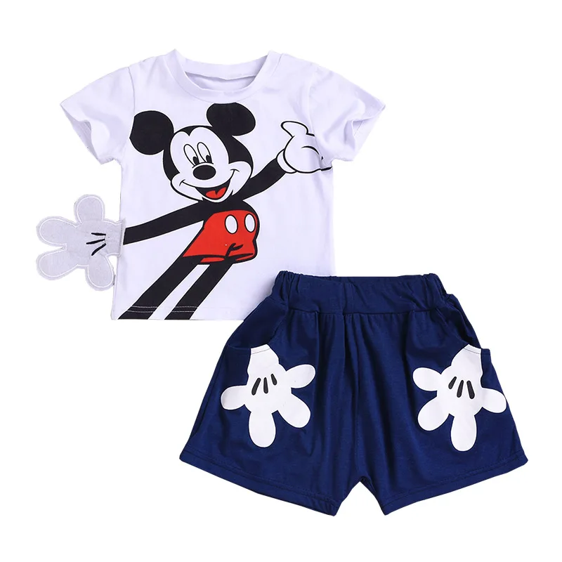 الأزياء الطفل ملابس الصيف ميكي الطفل الصبي الملابس القطن T قميص قصيرة 2 قطعة طفلة الملابس مجموعة لينة طفل الاطفال الملابس
