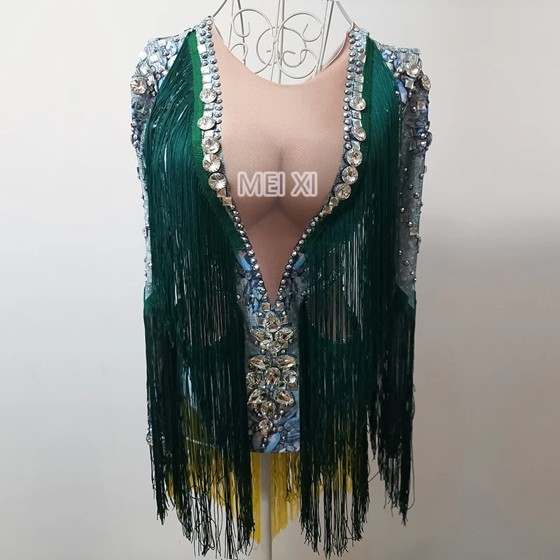 

Shiny sexy deep V green rhinestone tassel spandex onesie nightclub bar concert DJ singer/dancer costume