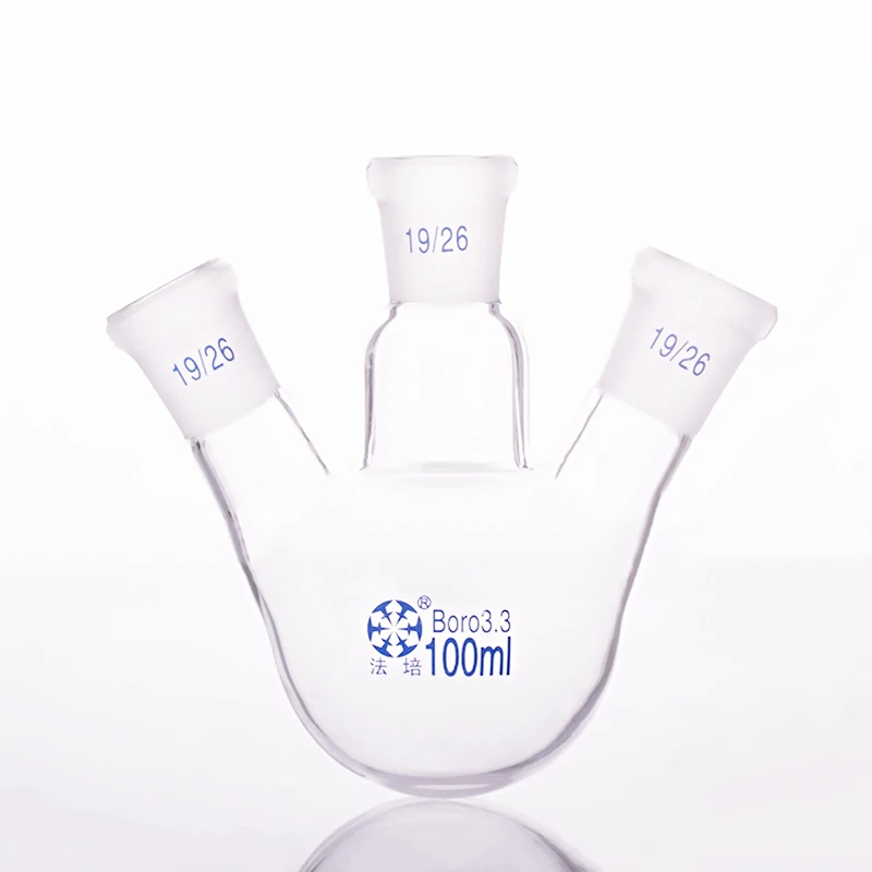 

Three-necked flask oblique shape,with three necks standard grinding mouth,Capacity 100ml,Middle joint 19/26,lateral joint 19/26