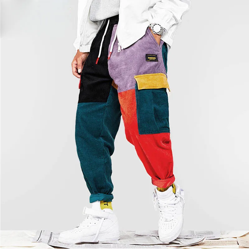 

2019 Hip Hip Pants Vintage Color Block Patchwork Corduroy Cargo Harem Pant Streetwear Harajuku Jogger Sweatpant Cotton Trousers