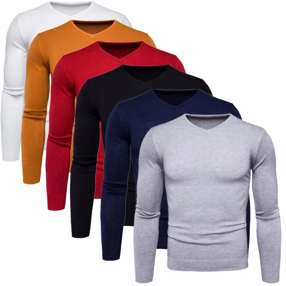 Spring Autumn Men's Cotton V-neck Sweater Plus Size Fashion Slim Fit Solid Knitted Long-sleeved Pullovers Sweater Men Tops M-2XL