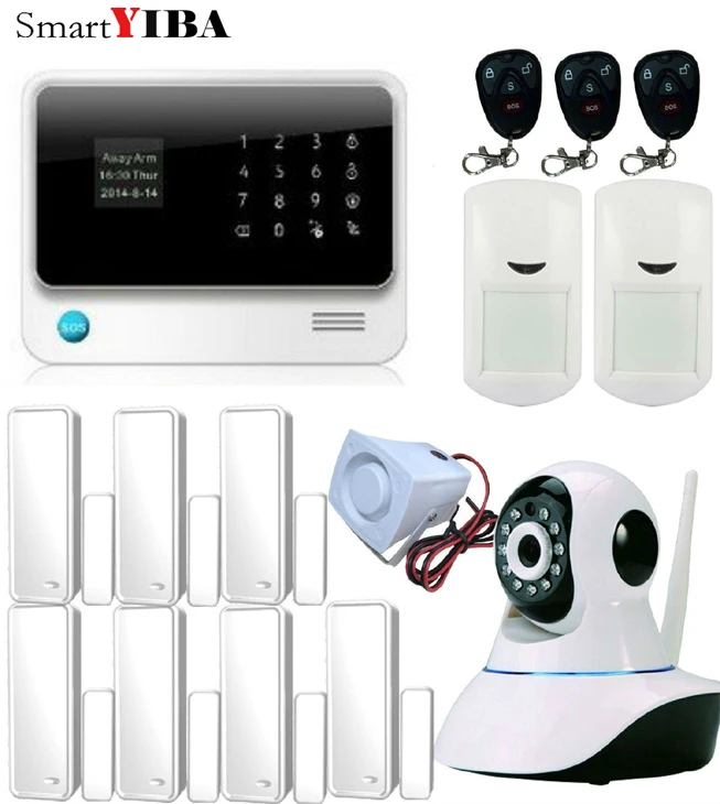 SmartYIBA Wireless GSM WIFI Smart Home Security Burglar Alarm System Kit Siren Outdoor IP Camera Smoke Fire Sensor Smart Socket