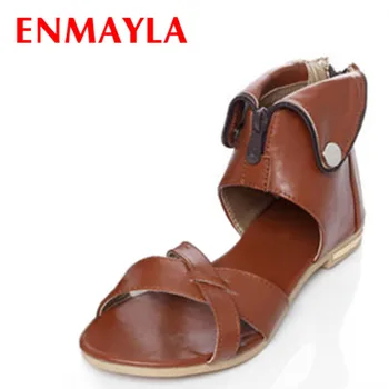 

ENMAYLA Ankle-Wrap Round Toe Flats Sandals Women Casual Summer Open Toe Bohemian Sandals Big Size 43 Black White Shoes Woman