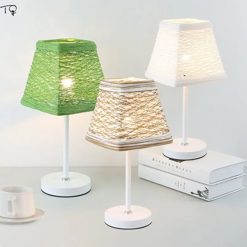 

Nordic Simple Rattan Art Hand Knitting Led Table Lamp Dimming Bedroom Bedside Living Room Creative Fashion Modern Art Decor Home