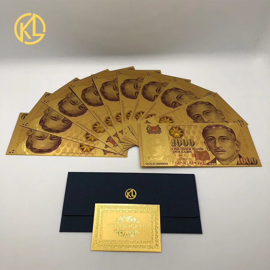 

KL 10pcs Singapore 1000 Dollar Gold 999999 Banknote Gold Foil Bank Note for token money or Collection Decoration Birthday Gifts