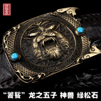 

Belt male Crocodile leather turquoise brass smooth buckle 3d carving belt