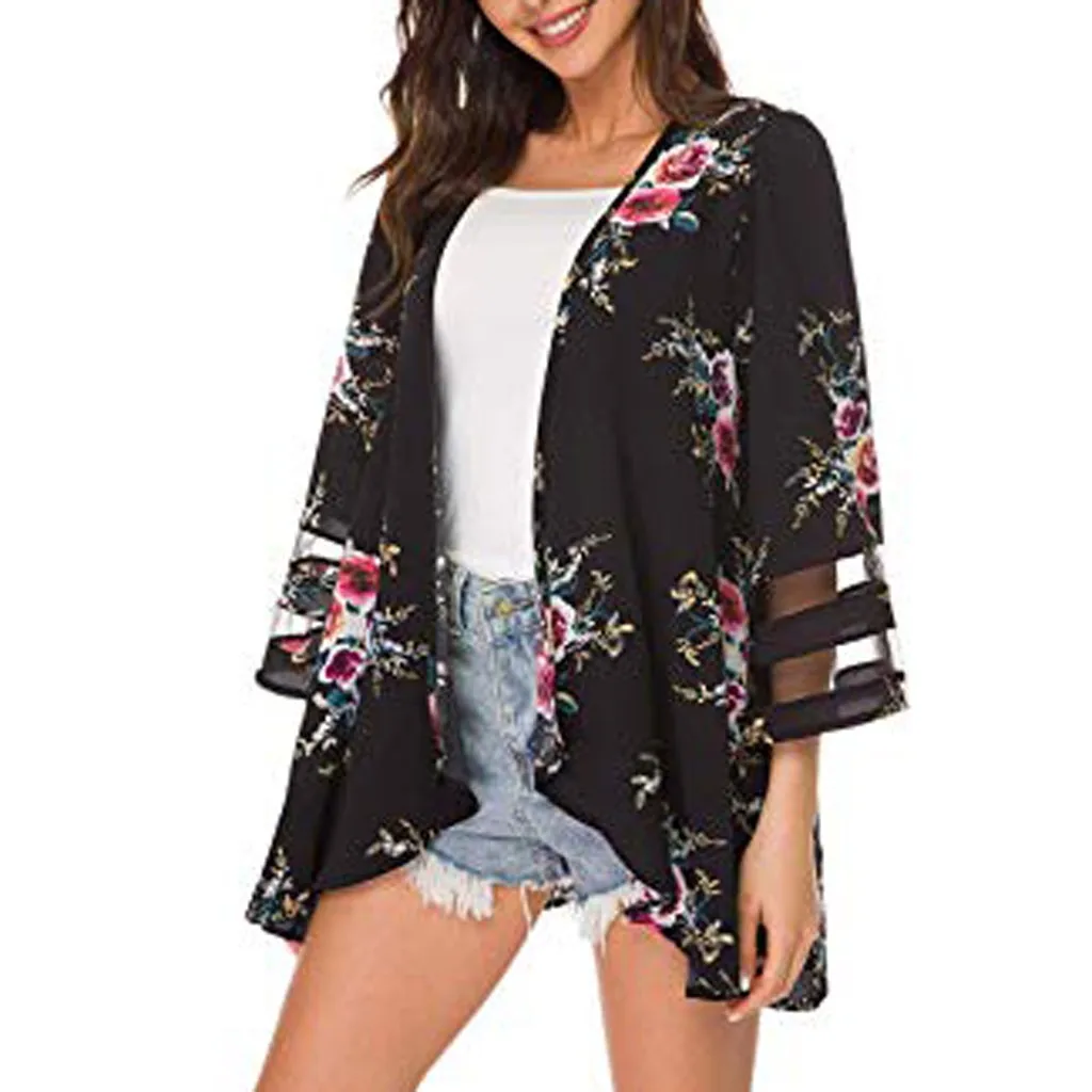 

2019 Summer Women Beach Kimono Cardigan Floral Print Mesh Chiffon Cover Up Panel 3/4 Bell Sleeve Casual Loose Kimono Cardigan