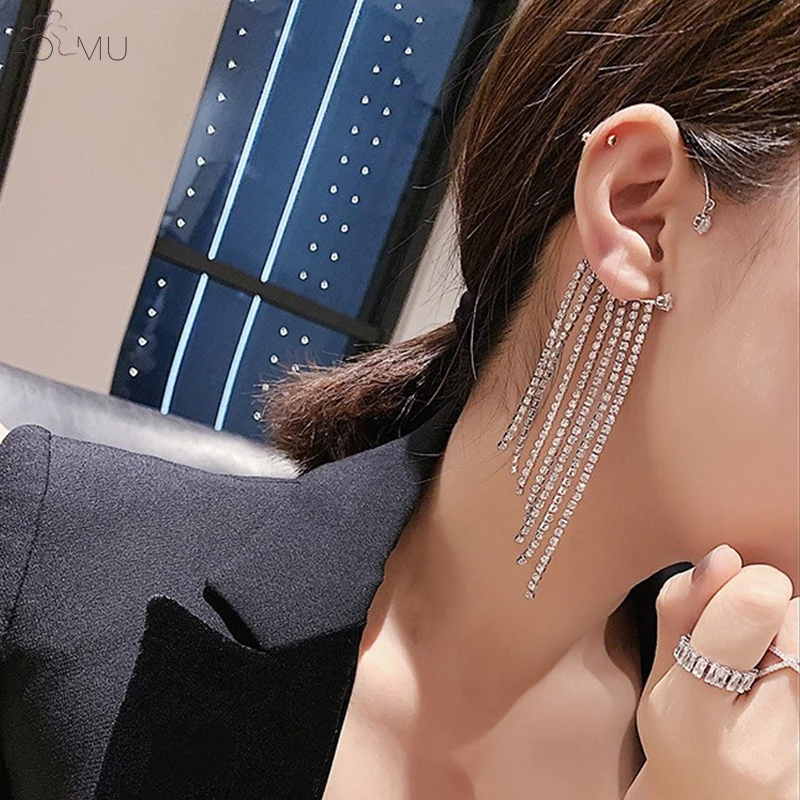 

AOMU 1PCS New Design Long Tassel Crystal Rhinestone Drop Earrings for Women Party Gift for Left Ear Jewelry No piercing