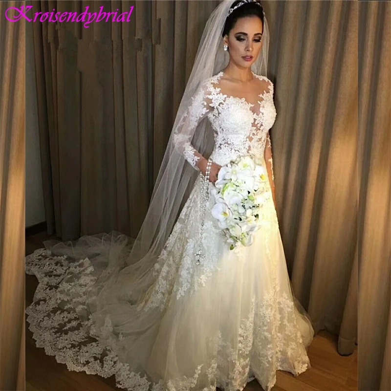 

QFS057 Vestidos De Noiva Custom Luxury Long Sleeves Lace Wedding Dresses 2019 Beautiful Bridal Dress Princess robe de mariage