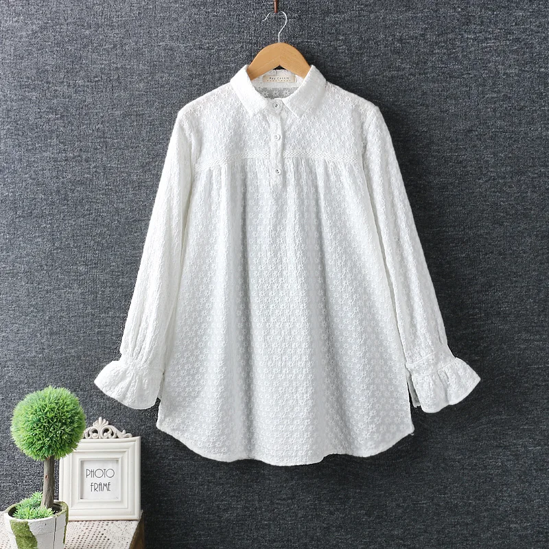 exquisite embroidery turn-down collar long sleeve blouse female basic doll shirt 2018 spring |