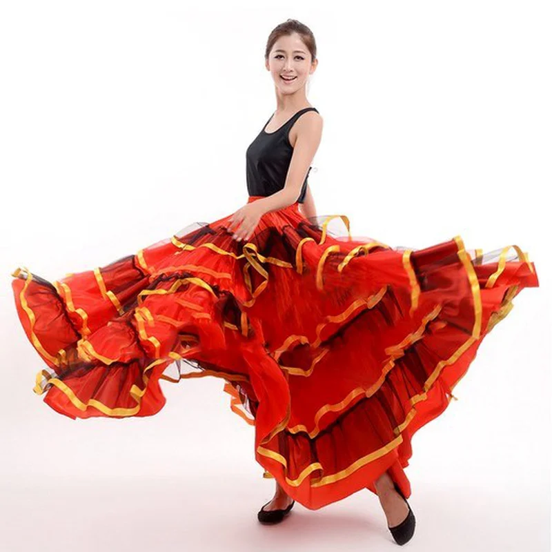 

Women Ballroom Spanish Flamenco Dance Skirt Red Dancer Fancy Dress Costume Belly Dancing Skirts 360/540/720 Degree