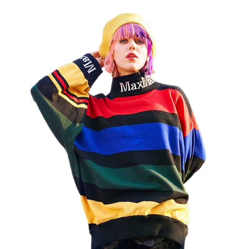

Ladies Spring Autumn Turtleneck Sweaters Women Fashion Striped Letter Plus Size Loose Pullovers Casual Long Sleeve Tops Z327
